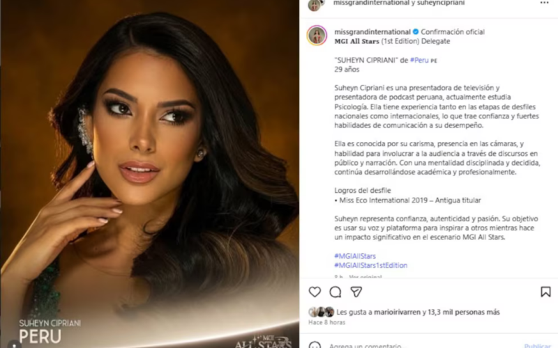 Suheyn Cipriani figura entre las diez principales aspirantes al Miss Grand International All Stars
